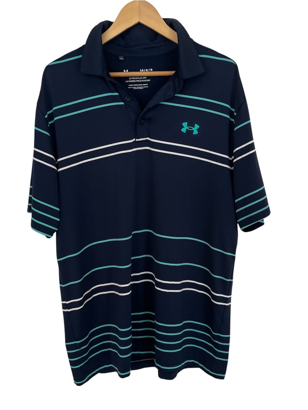 Under Armour Mens Large Playoff Golf Polo Navy Blue Teal Stripe Stretch